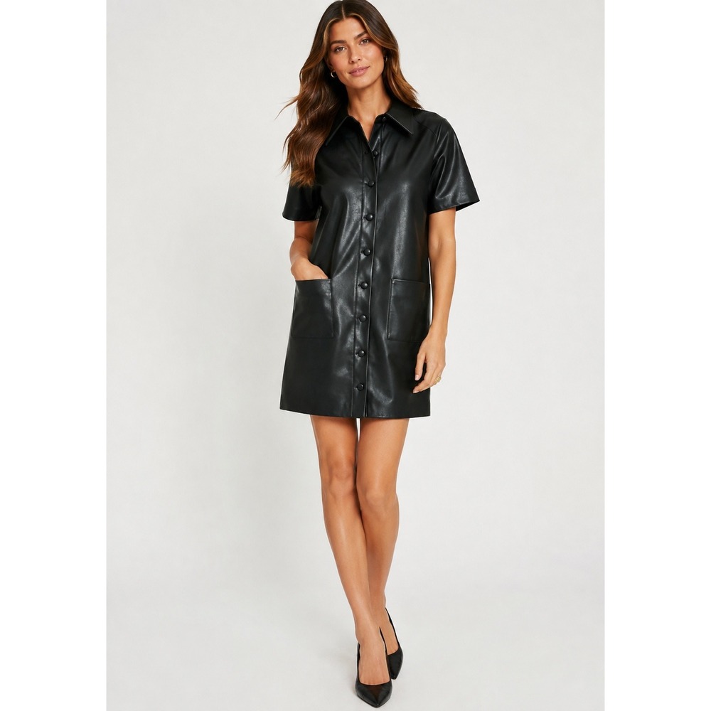 Tuckernuck Black Leather Violetta Shirt Dress Medium NWT Vegan Short Sleeve Mini